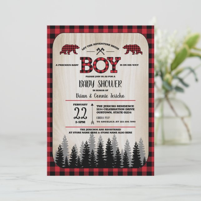 Buffalo Check Woodland Lumberjack Baby Shower Invitation (Standing Front)