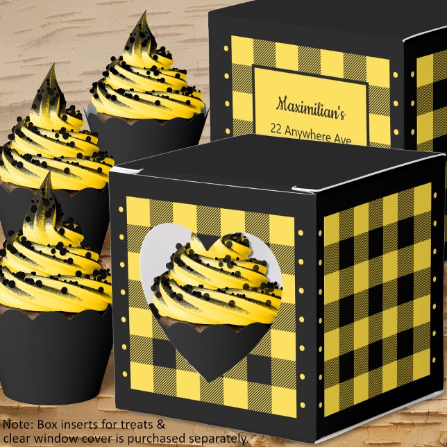 Buffalo Check - Yellow and Black - Heart Favour Bo Favour Box (Buffalo Check - Yellow and Black - Heart Favor Box - Cupcakes - by Leapfroglisics Shop)