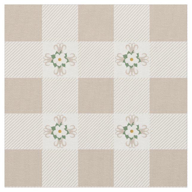 Buffalo Checks and Magnolias Cross Pattern Greige Fabric (Close Up)