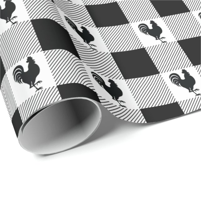 Buffalo Checks and Rooster Pattern - Black | White Wrapping Paper (Roll Corner)