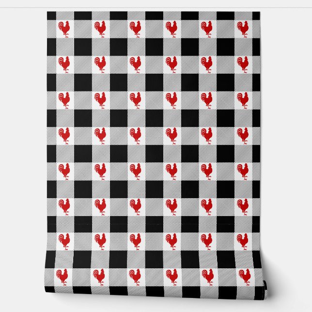Buffalo Checks and Rooster Pattern Red Black White Wallpaper (Unrolling)