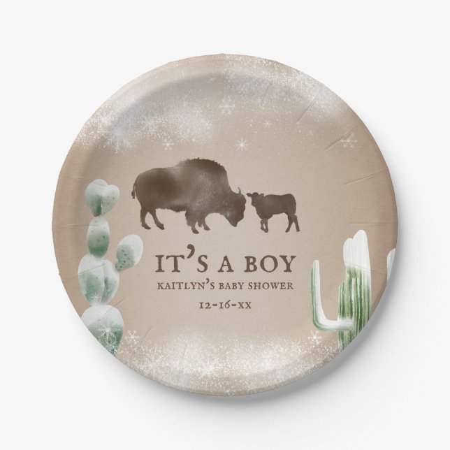 Buffalo Desert Snow Cactus Winter Baby Shower Paper Plate (Front)