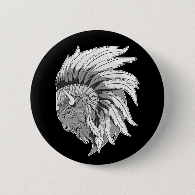 Buffalo Head With indian Headdress 6 Cm Round Badge (Front)