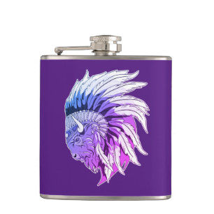 Buffalo Head With indian Headdress Hip Flask