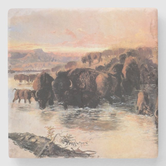 Buffalo Herd (by Charles M. Russell) Stone Coaster (Front)