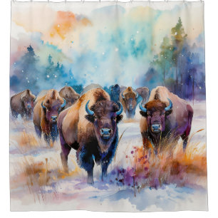 Buffalo Herd in the Snow in Watercolor Shower Curtain