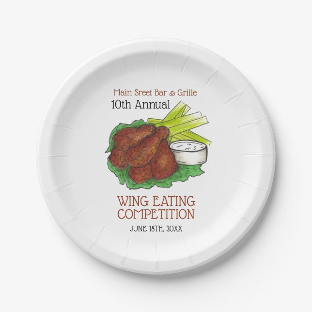 Buffalo Hot Chicken Wings Wing Eating Competition Paper Plate (Front)