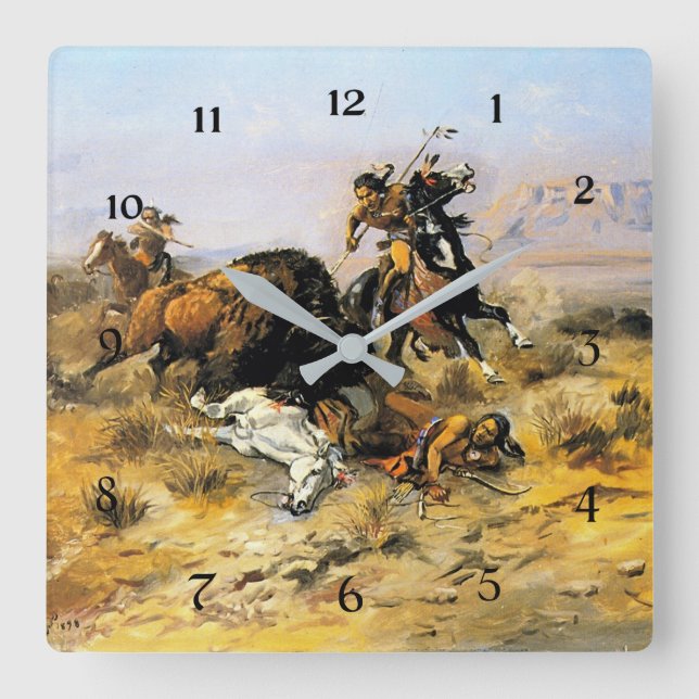 “Buffalo Hunt” Cowboy Art by Charles Russell Square Wall Clock (Front)