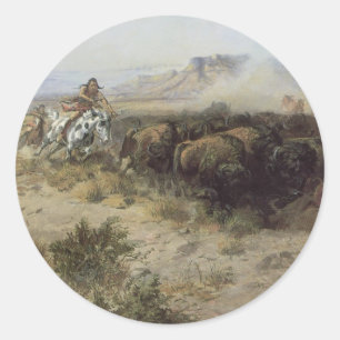 Buffalo Hunt No. 26 by CM Russell, Vintage Indians Classic Round Sticker