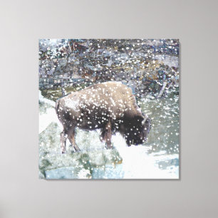 Buffalo in Snow Storm Wrapped Canvas Print