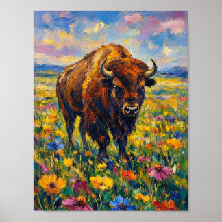 Buffalo in Wildflowers field Abstract art painting Poster