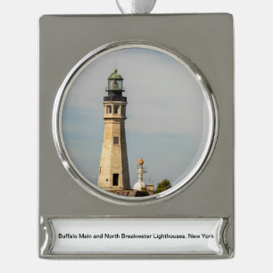 Buffalo Main and North Breakwater Lighthouses Silver Plated Banner Ornament