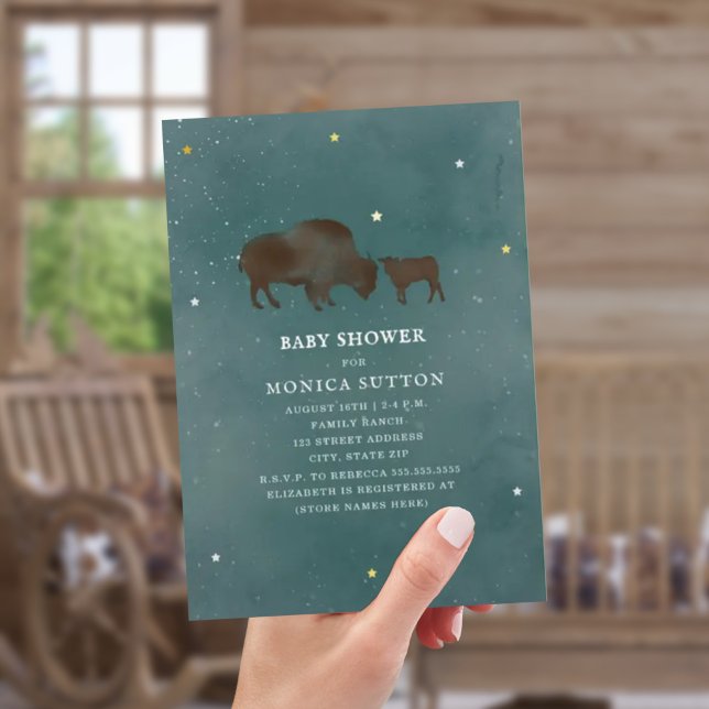Buffalo Mama Watercolor Stars Neutral Baby Shower Invitation (Creator Uploaded)