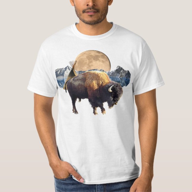 Buffalo, Moon & TeePee Wildlife Art T-Shirt (Front)