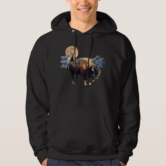 Buffalo, Moon & TeePee Wildlife Art T-Shirt Hoodie (Front)