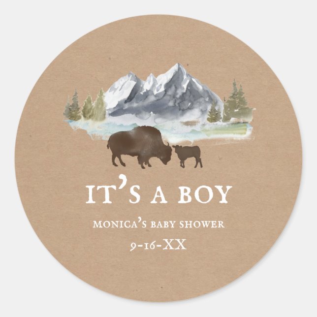 Buffalo Mountains Baby Shower Cardstock Classic Round Sticker (Front)