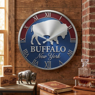 Buffalo New York Metallic Silver Bison Blue & Red Large Clock