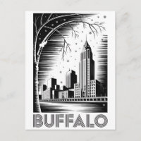 Buffalo New York Skyline Black White Woodcut