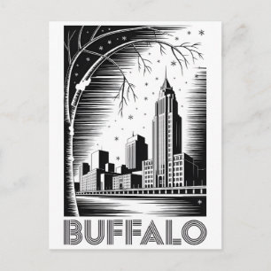 Buffalo New York Skyline Black White Woodcut Holiday Postcard