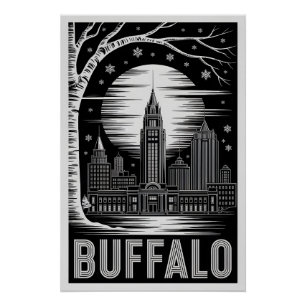 Buffalo New York Skyline Black White Woodcut Poster