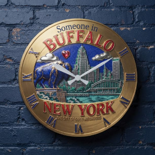 Buffalo New York Skyline Gold 3D Relief Emblem   Large Clock