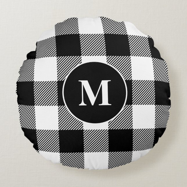 Buffalo Pattern Monogram Holiday Black and White Round Cushion (Front)