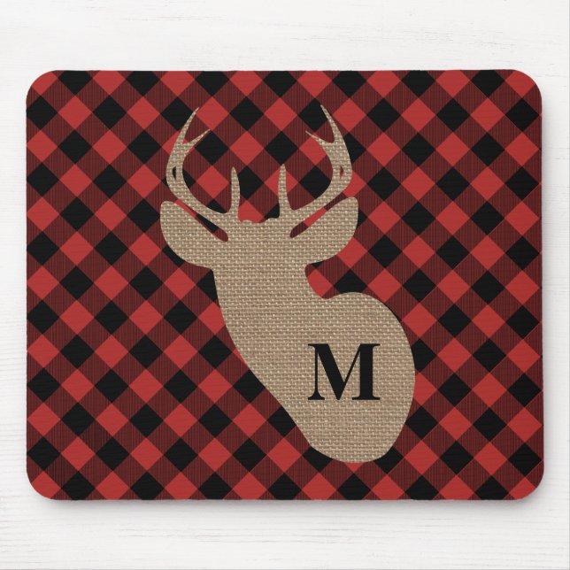 Buffalo Plaid and Burlap Monogram Deer Mouse Mat (Front)