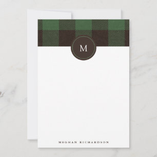 Buffalo Plaid and Monogram Green Stationery Card