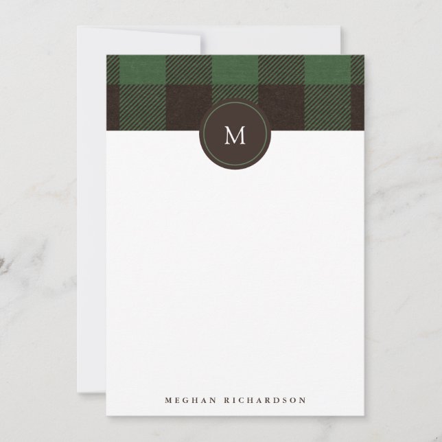 Buffalo Plaid and Monogram | Green Stationery Card (Front)