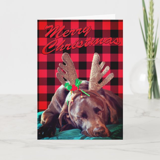 Buffalo Plaid Antler Wearing Labrador Photo Custom Holiday Card (Front)