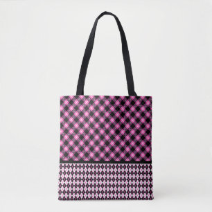 Buffalo Plaid & Argyle in Fuchsia & Black Tote Bag