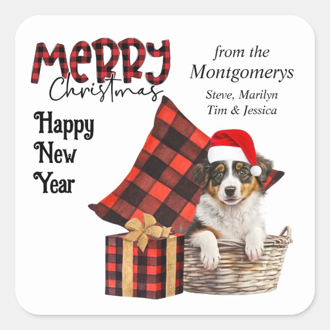 Buffalo Plaid Australian Shepherd Puppy Christmas Square Sticker (Front)