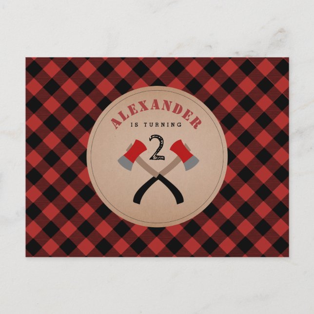 Buffalo Plaid Axe Woodland Lumberjack Birthday Invitation Postcard (Front)