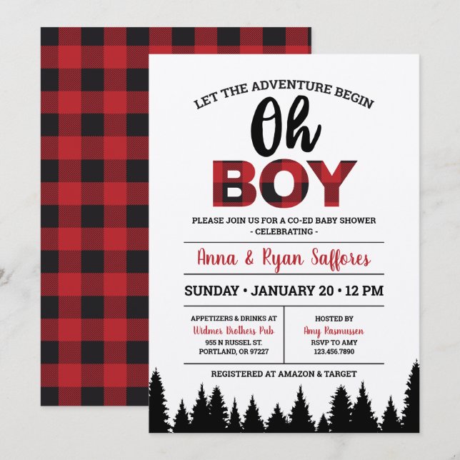 Buffalo Plaid Baby Shower Invitation - Oh Boy (Front/Back)