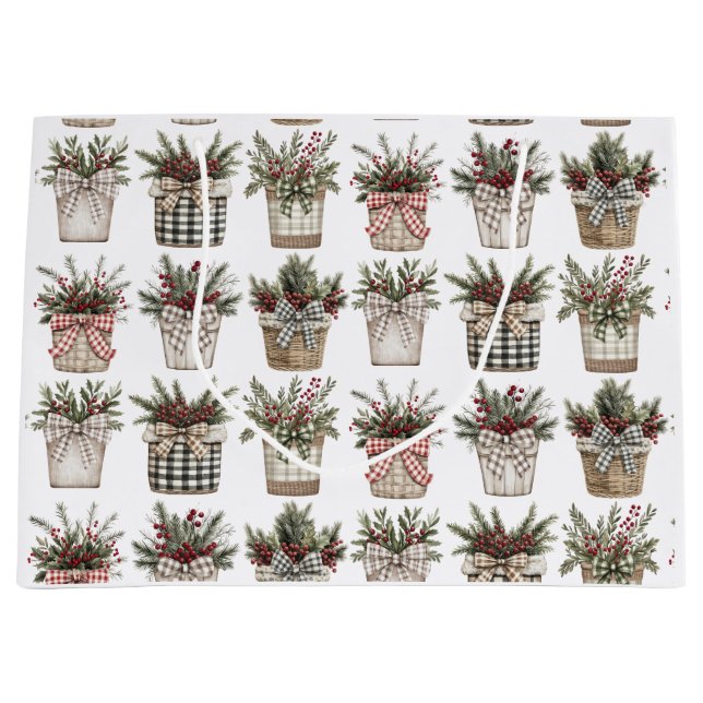 Buffalo Plaid Basket | Farmhouse Christmas   Large Gift Bag (Front)