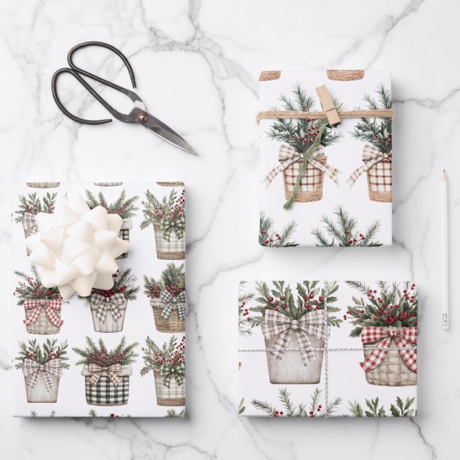 Buffalo Plaid Basket | Farmhouse Christmas   Wrapping Paper Sheet (Front)