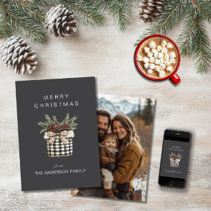 Buffalo Plaid Basket Minimalist Photo grey Holiday Card