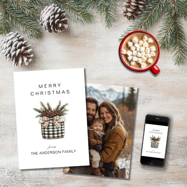 Buffalo Plaid Basket Minimalist Photo  Holiday Card (Creator Uploaded)