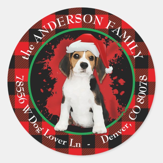 Buffalo Plaid Beagle Puppy Return Address Classic Round Sticker (Front)