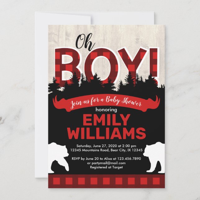Buffalo Plaid Bear Boy Baby Shower Invitation (Front)