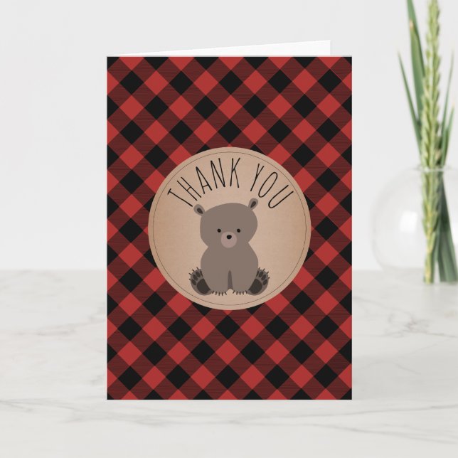 Buffalo Plaid Bear Cub Baby Shower Thank You (Front)