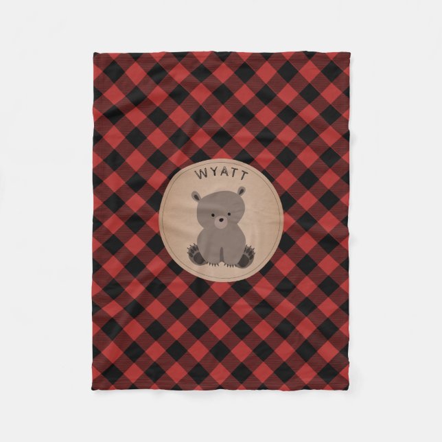 Buffalo Plaid Bear Kids Fleece Blanket (Front)
