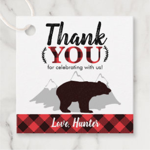 Buffalo Plaid Bear Lumberjack Birthday Favour Tags