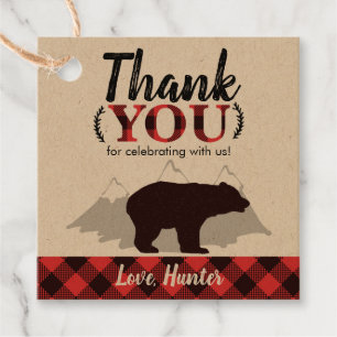 Buffalo Plaid Bear Lumberjack Birthday Favour Tags