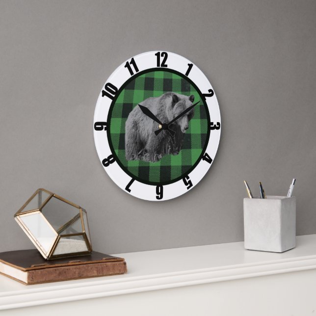 Buffalo Plaid Bear Man Caves Large Clock (Office)
