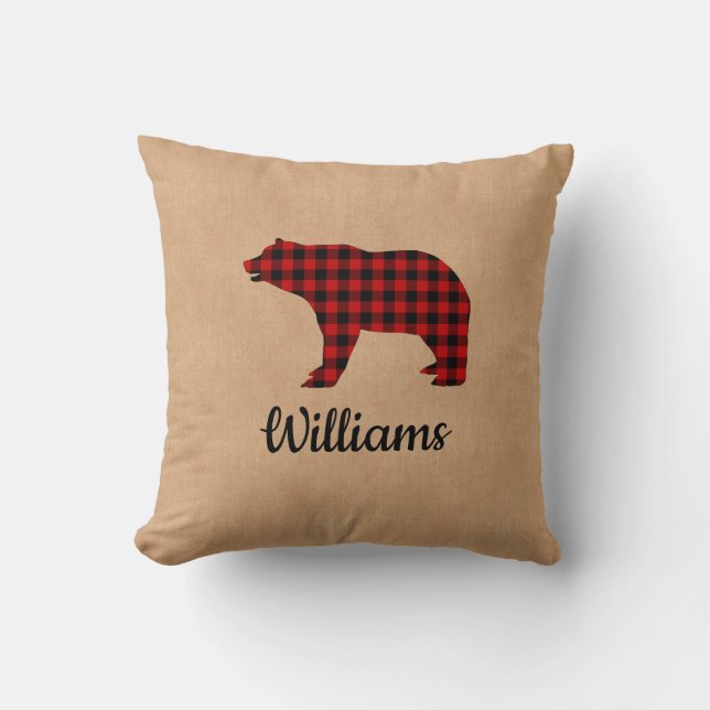 Buffalo Plaid Bear Personalised Burlap Cushion (Front)