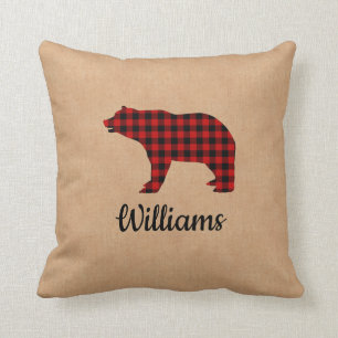 Buffalo Plaid Bear Personalised Burlap Cushion