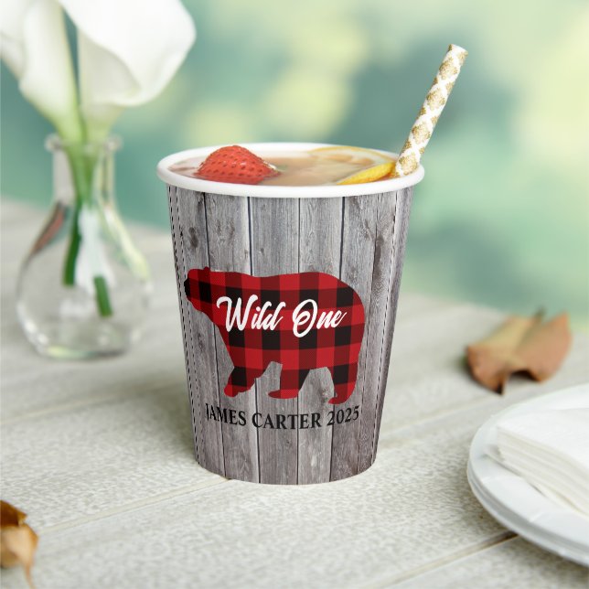 Buffalo Plaid Bear Wild One Boy 1st Birthday Party Paper Cups (Insitu)