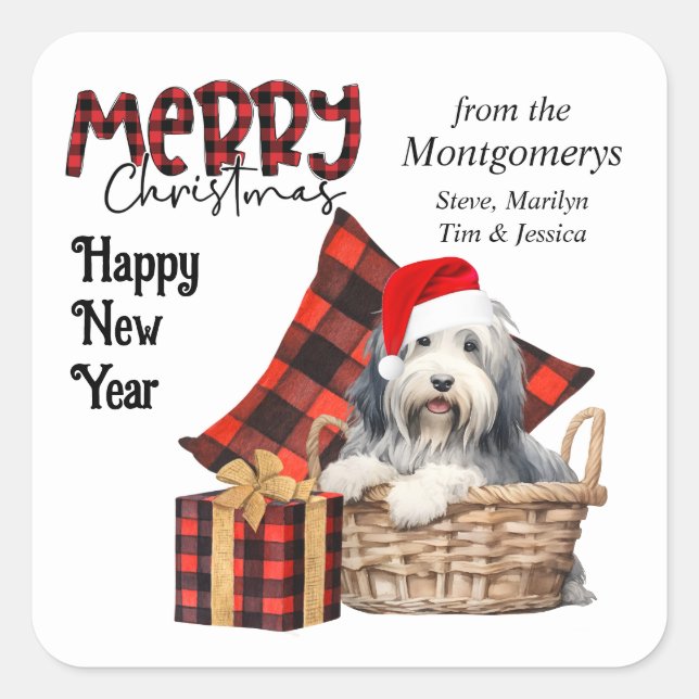 Buffalo Plaid Bearded Collie Puppy Holiday Square Sticker (Front)