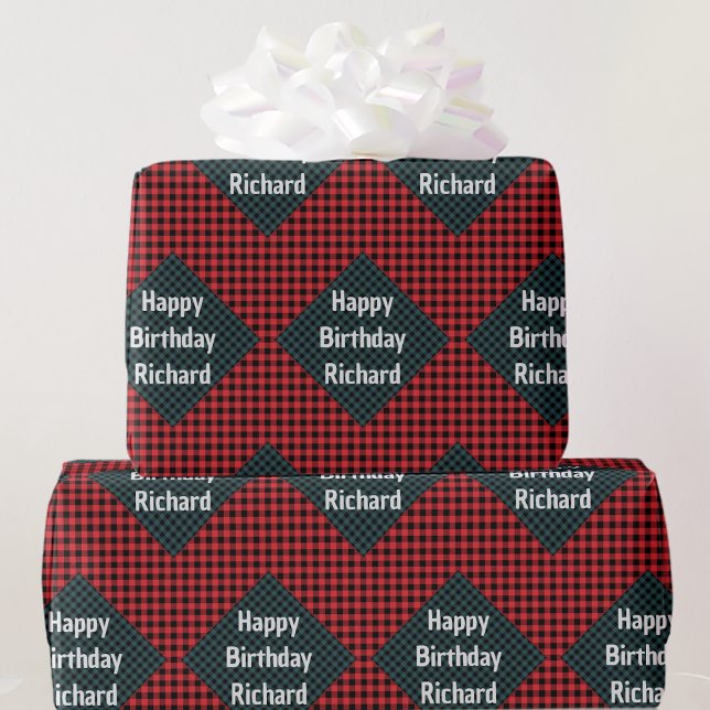 Buffalo Plaid Birthday Giftwrap Add Name Wrapping Paper (Creator Uploaded)